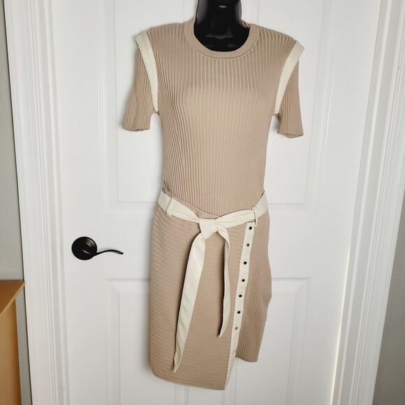 Jonathan Simkhai Dress Small Hardin Ribbed Knit Faux Leather Belted Stretch - Picture 1 of 16